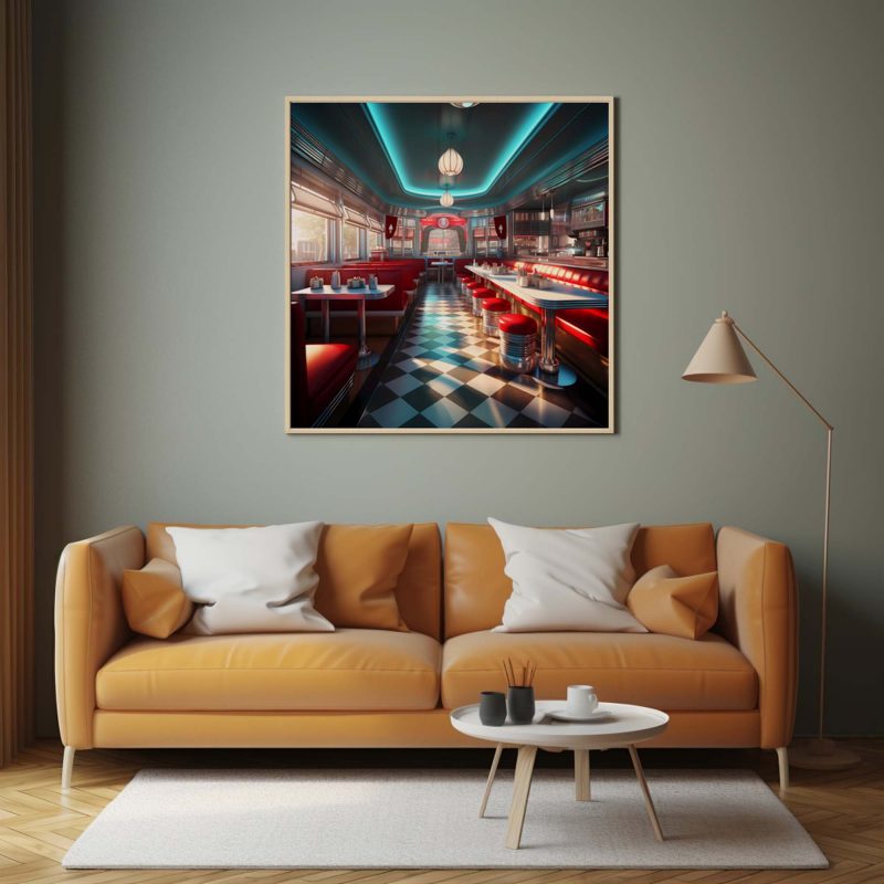 1950s American Diner in Red and Blue Poster | Retro Photography prints,