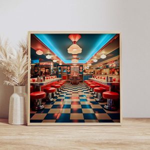 1950s neon American Diner with Checkers Floor