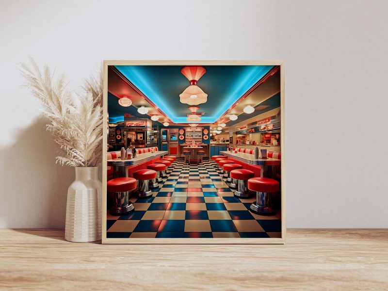 1950s neon American Diner with Checkers Floor