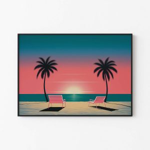 Serene Beach Sunset | Minimalist Design Poster Inspired by Hiroshi Nagai