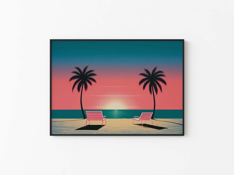 Serene Beach Sunset | Minimalist Design Poster Inspired by Hiroshi Nagai