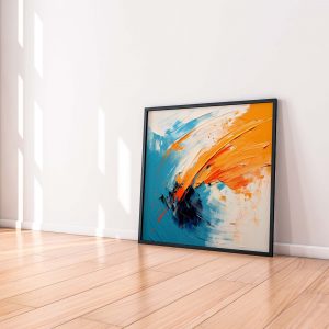 Broad Brushstrokes in Orange on Blue and White | Abstract Art