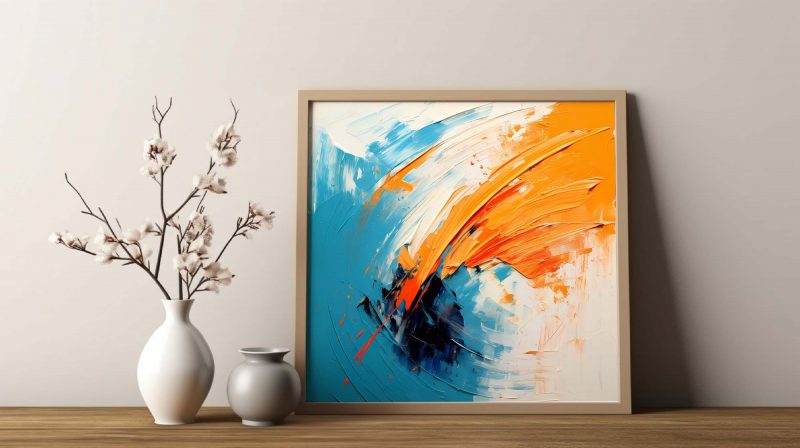 Broad Brushstrokes in Orange on Blue and White | Abstract Art - Image 9