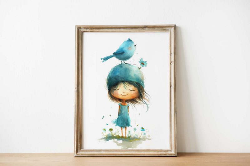 Girl with Bird and Flower on her Head Nursery Poster - Image 2