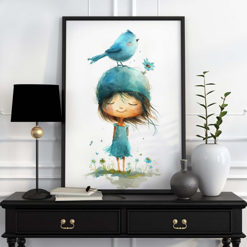 Girl with Bird and Flower on her Head Nursery Poster - Image 4