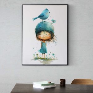 Girl with Bird and Flower on her Head Nursery Poster