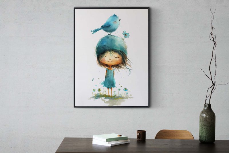 Girl with Bird and Flower on her Head Nursery Poster