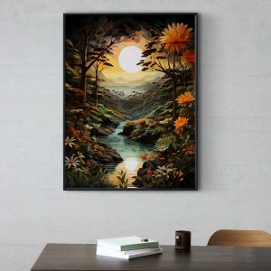 Jungle Sunset - colourful poster in Henri Rousseau style