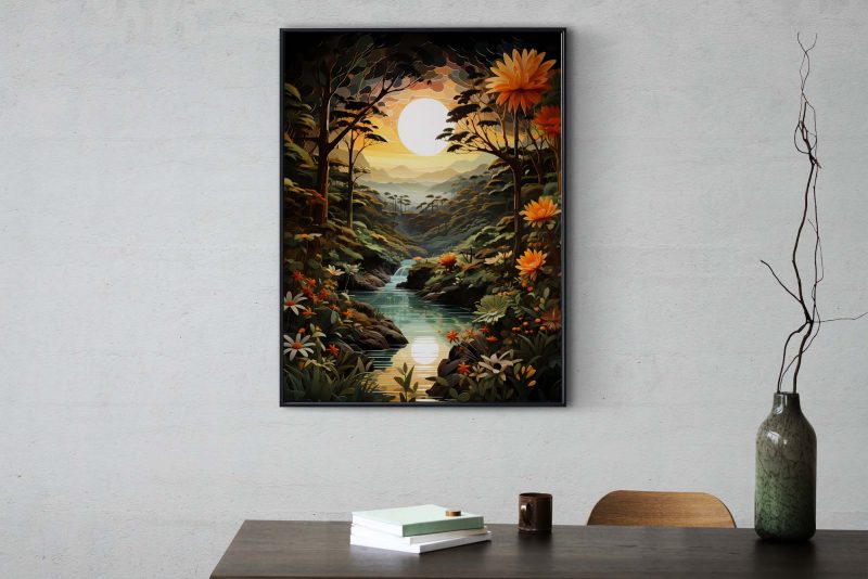 Jungle Sunset - colourful poster in Henri Rousseau style