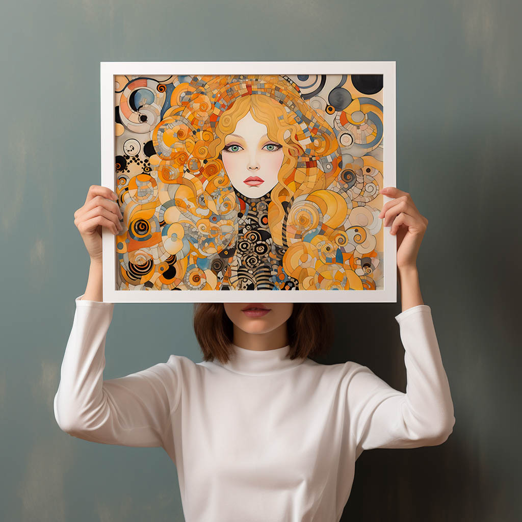 Woman holding poster in frame