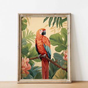 Parrot on Monstera Poster | Tropical Wall Art | Parrot Poster