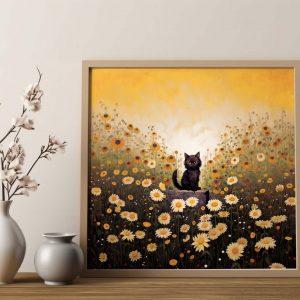 Whiskers in the Garden Gustav Klimt Garden Cat Print, Cat Poster, Black Cat Art