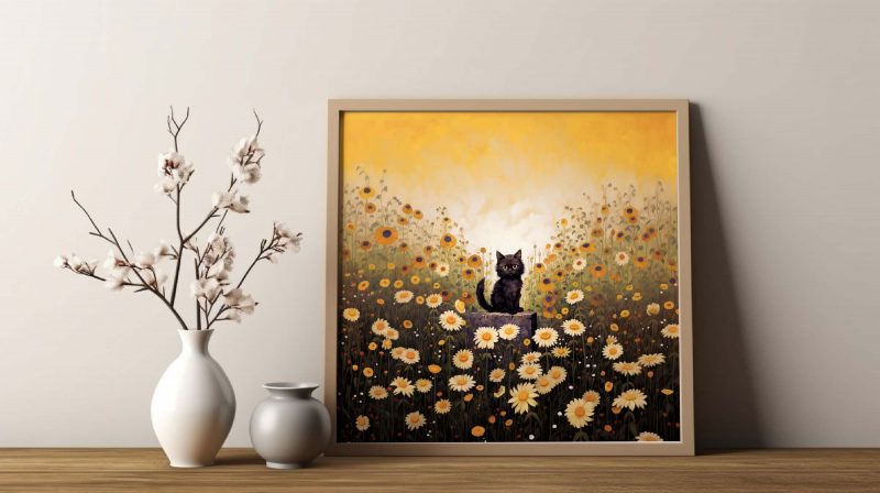 Whiskers in the Garden Gustav Klimt Garden Cat Print, Cat Poster, Black Cat Art