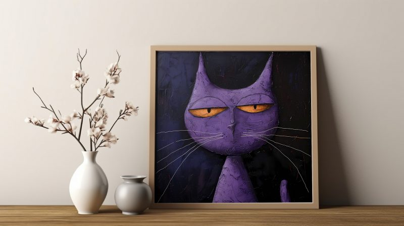 Cool Purple Cat Painting | Cat Wall Decoration | Illustrated Cats Canvas - Image 6