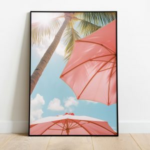 Palm Trees with Pink Beach Umbrellas | Sommerurlaub Canvas | Summer Palms Beach Print