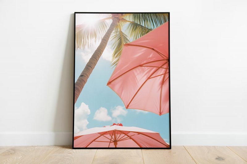 Palm Trees with Pink Beach Umbrellas | Sommerurlaub Canvas | Summer Palms Beach Print