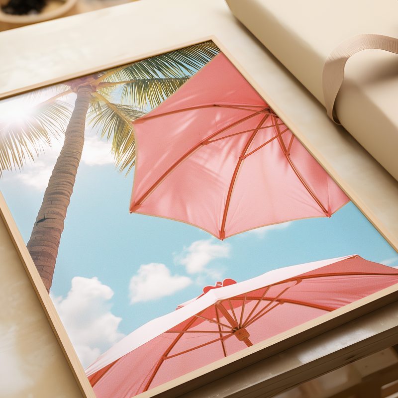 Palm Trees with Pink Beach Umbrellas | Sommerurlaub Canvas | Summer Palms Beach Print - Image 5