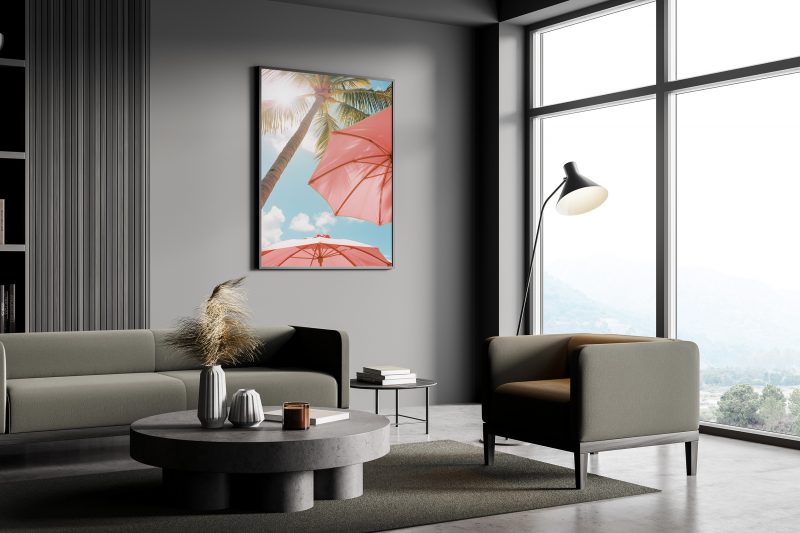 Palm Trees with Pink Beach Umbrellas | Sommerurlaub Canvas | Summer Palms Beach Print - Image 2