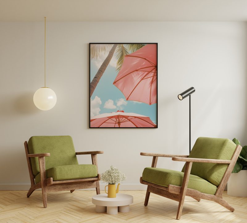 Palm Trees with Pink Beach Umbrellas | Sommerurlaub Canvas | Summer Palms Beach Print - Image 4