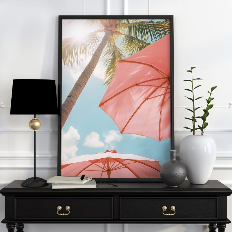 Palm Trees with Pink Beach Umbrellas | Sommerurlaub Canvas | Summer Palms Beach Print - Image 7