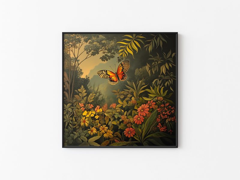 Butterfly in the Jungle Retro Painting Print | Henri Rousseau Style Art | Maximalist Decor Poster