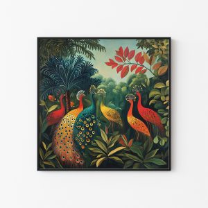 Colorful Peacocks #2 Jungle Retro Painting Print | Henri Rousseau Style Art | Maximalist Decor Poster