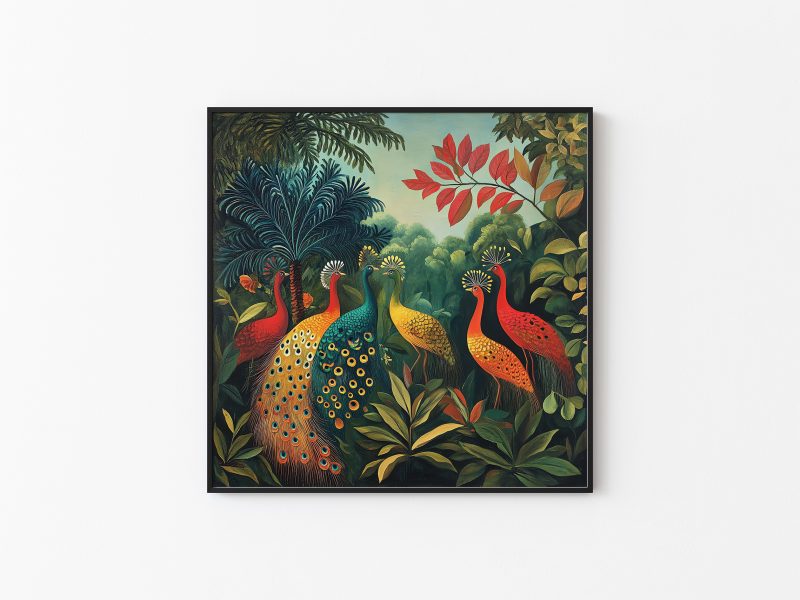 Colorful Peacocks #2 Jungle Retro Painting Print | Henri Rousseau Style Art | Maximalist Decor Poster