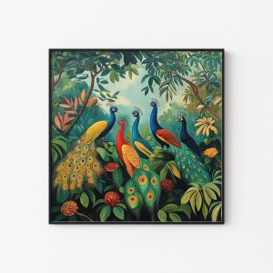 Colorful Peacocks Jungle Retro Painting Print | Henri Rousseau Style Art | Maximalist Decor Poster