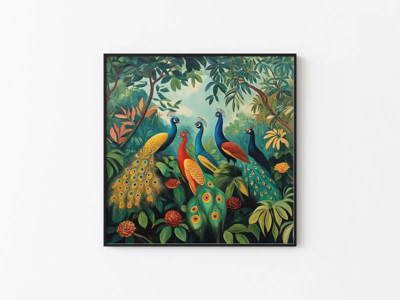 Colorful Peacocks Jungle Retro Painting Print | Henri Rousseau Style Art | Maximalist Decor Poster