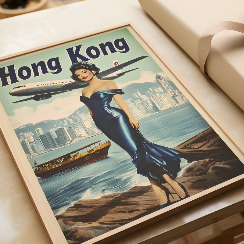 Hong Kong Travel Poster 1978 | Lady With Plane and Skyline | Vintage Travel Poster | Mid Century Asian Download - Image 2