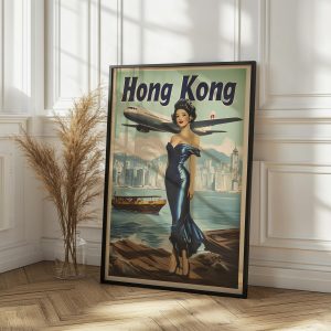Hong Kong Travel Poster 1978 | Lady With Plane and Skyline | Vintage Travel Poster | Mid Century Asian Download