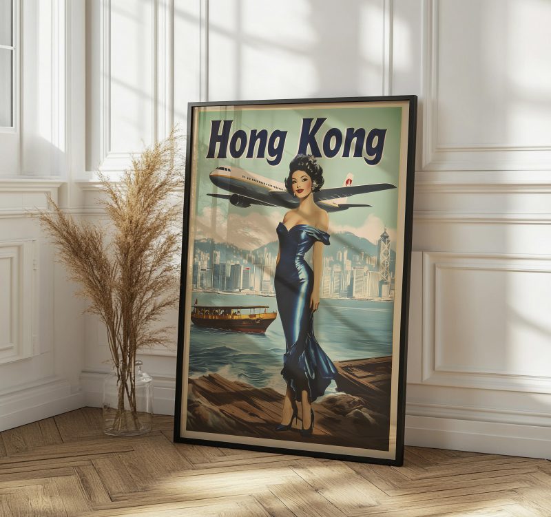 Hong Kong Travel Poster 1978 | Lady With Plane and Skyline | Vintage Travel Poster | Mid Century Asian Download