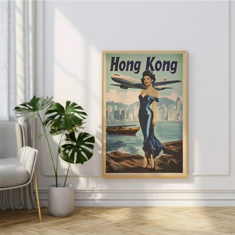 Hong Kong Travel Poster 1978 | Lady With Plane and Skyline | Vintage Travel Poster | Mid Century Asian Download - Image 4