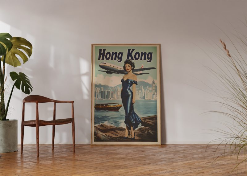 Hong Kong Travel Poster 1978 | Lady With Plane and Skyline | Vintage Travel Poster | Mid Century Asian Download - Image 3