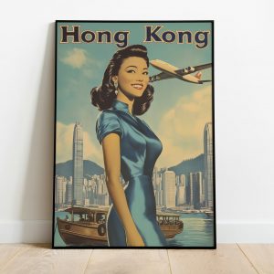 Hong Kong Travel Poster 1979 | Lady With Plane and Skyline | Vintage Travel Poster | Mid Century Asian Download