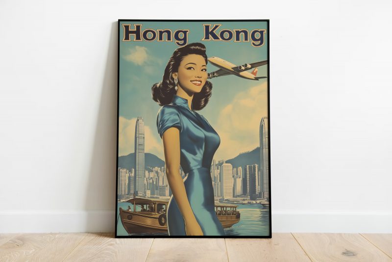 Hong Kong Travel Poster 1979 | Lady With Plane and Skyline | Vintage Travel Poster | Mid Century Asian Download