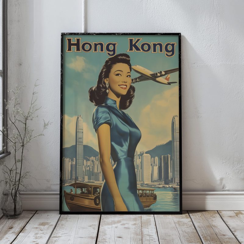 Hong Kong Travel Poster 1979 | Lady With Plane and Skyline | Vintage Travel Poster | Mid Century Asian Download - Image 7