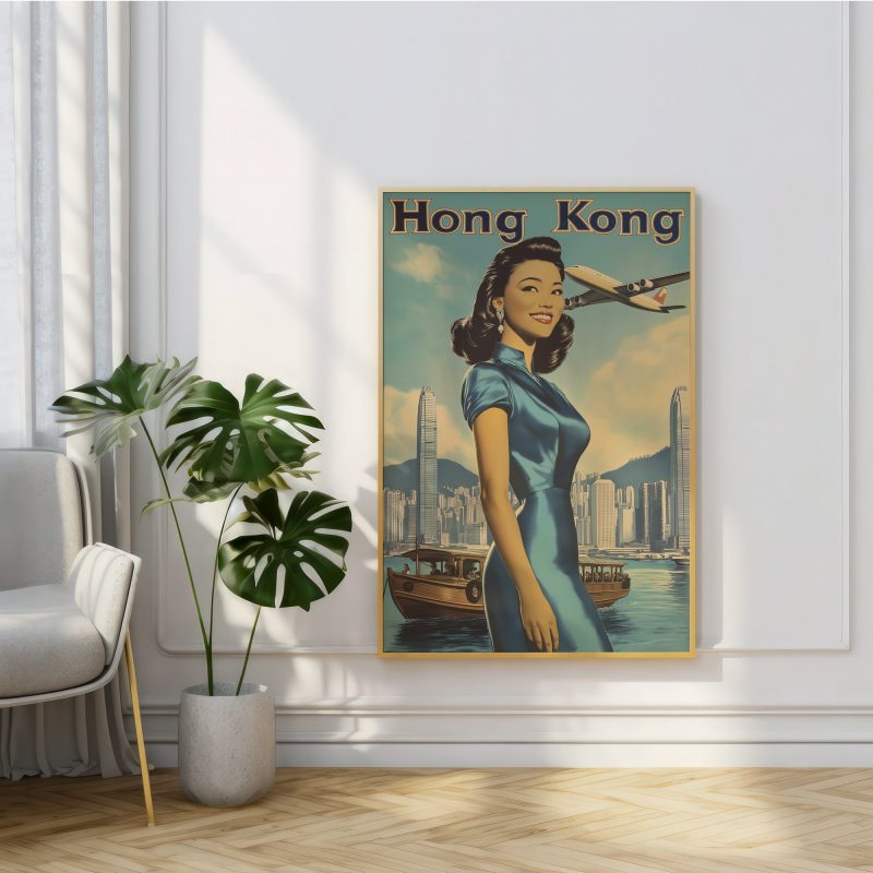 Hong Kong Travel Poster 1979 | Lady With Plane and Skyline | Vintage Travel Poster | Mid Century Asian Download - Image 4