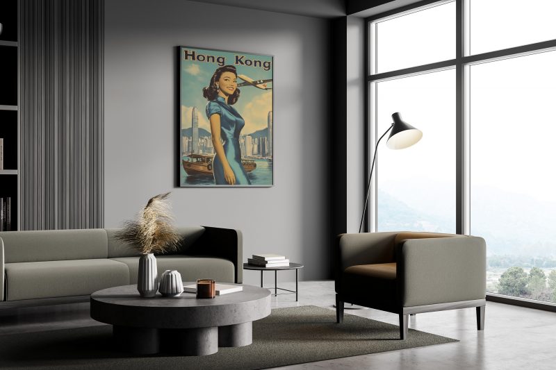 Hong Kong Travel Poster 1979 | Lady With Plane and Skyline | Vintage Travel Poster | Mid Century Asian Download - Image 3